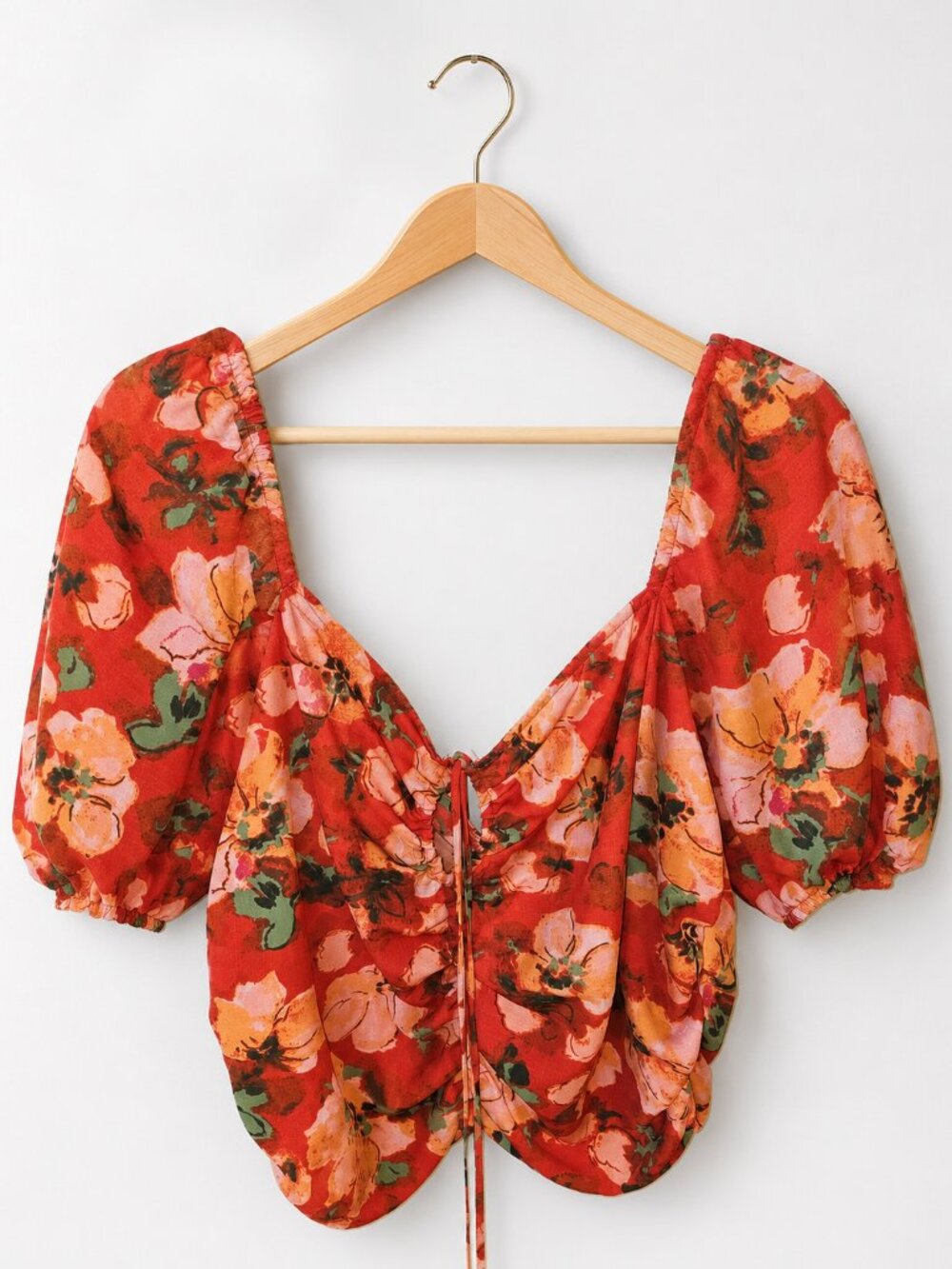 H&M Red Floral Puff Sleeve Ruched Blouse Size XL